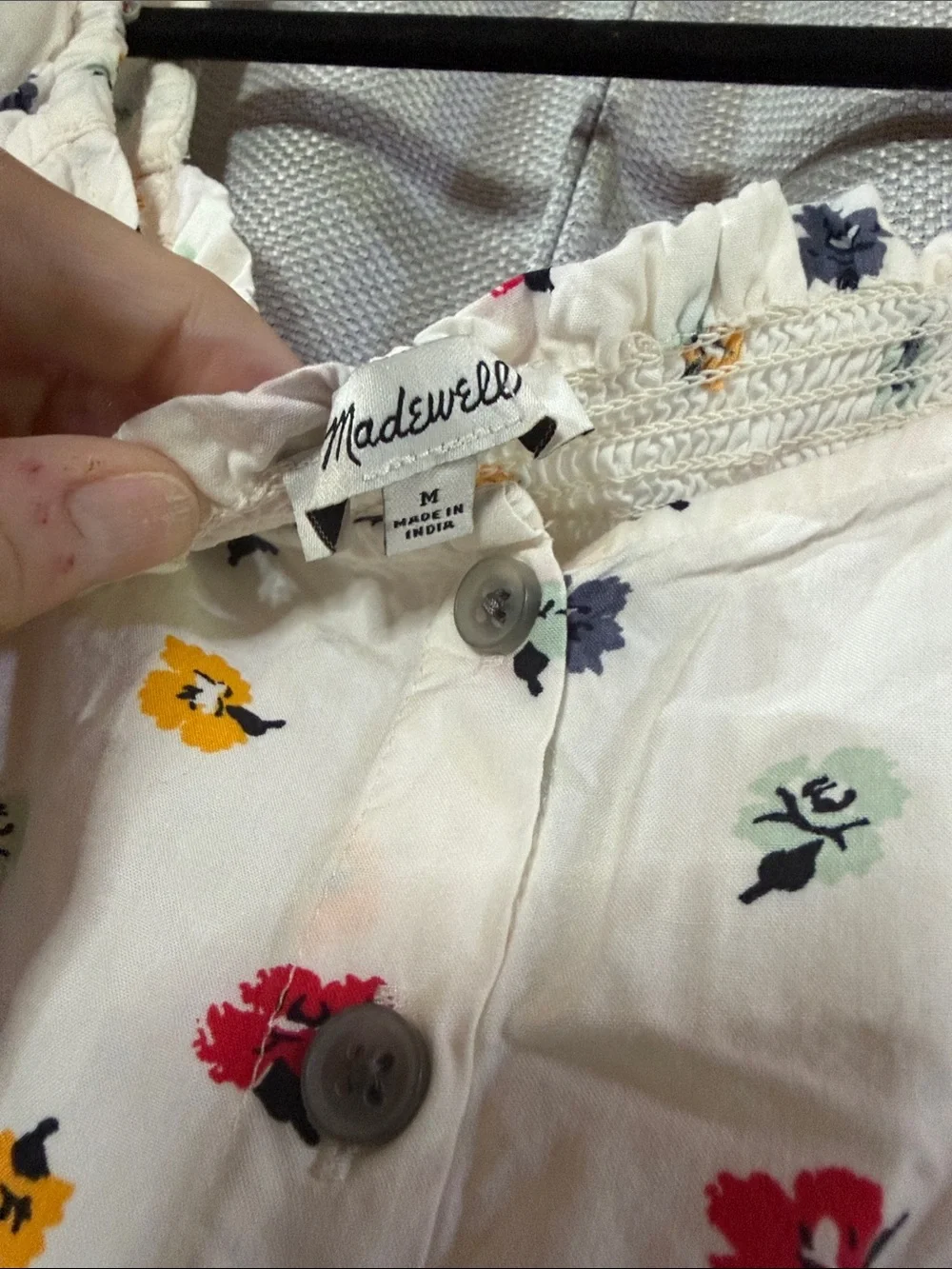 Madewell White Floral Button-Front Puff Sleeve Smocked Top